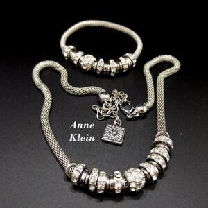 Anne Klein Mesh Charm Necklace & Bracelet Set, Rhinestone Sliding Charms